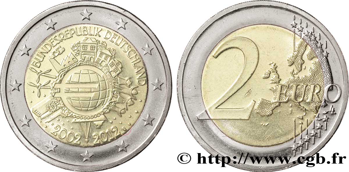 GERMANY 2 Euro 10 ANS DES PIÈCES ET BILLETS EN EUROS tranche A - Karlsruhe G 2012 MS63