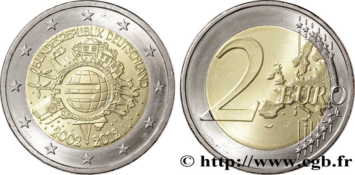 GERMANY 2 Euro 10 ANS DES PIÈCES ET BILLETS EN EUROS tranche A - Hambourg J 2012 MS63