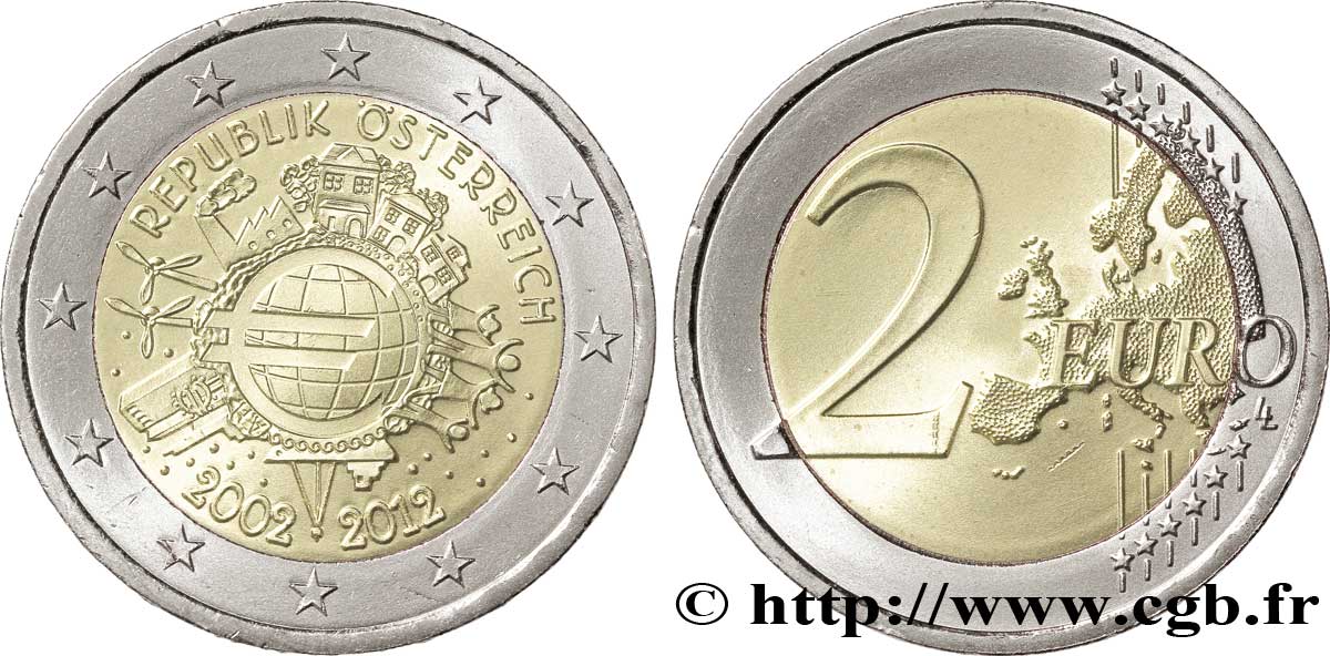 AUSTRIA 2 Euro 10 ANS DES PIÈCES ET BILLETS EN EUROS tranche A 2012 MS63