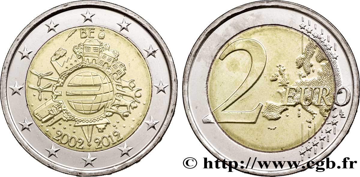 BELGIQUE 2 Euro 10 ANS DES PIÈCES ET BILLETS EN EUROS  2012 SPL