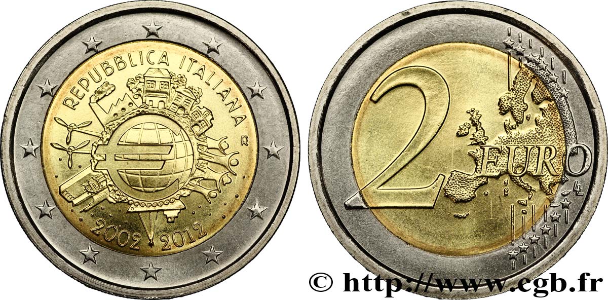 ITALY 2 Euro 10 ANS DES PIÈCES ET BILLETS EN EUROS tranche B 2012 MS63