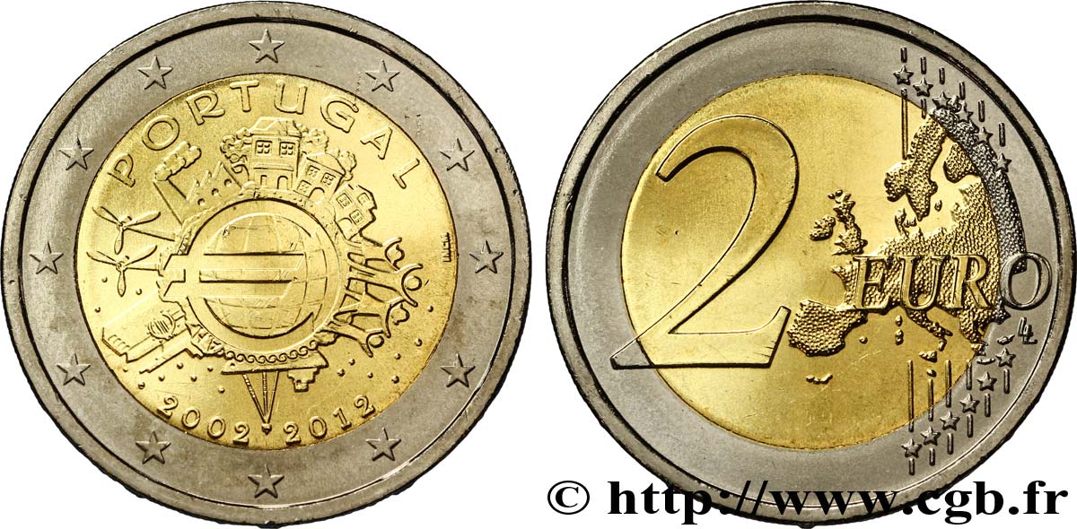 PORTUGAL 2 Euro 10 ANS DES PIÈCES ET BILLETS EN EUROS  2012 MS