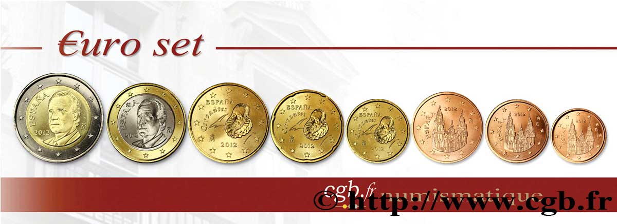 SPAIN LOT DE 8 PIÈCES EURO (1 Cent - 2 Euro Juan-Carlos I) 2012 MS63
