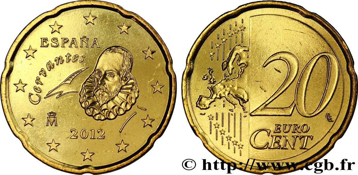 SPAIN 20 Cent CERVANTÈS 2012 MS63