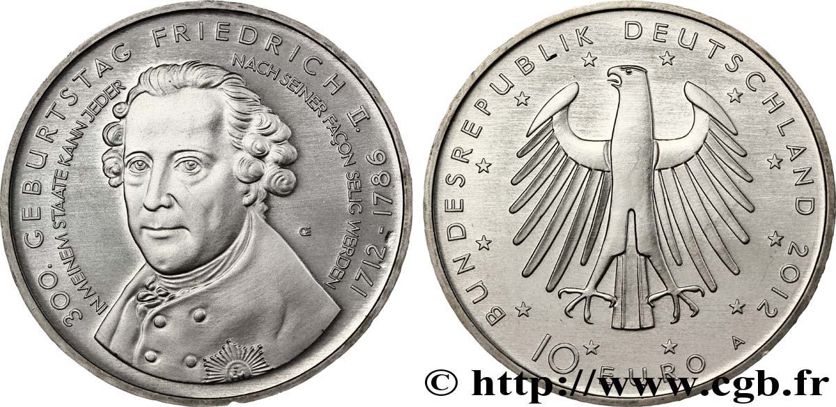 GERMANY 10 Euro 300ème ANNIVERSAIRE DE FRÉDÉRIC II  tranche B 2012 MS64
