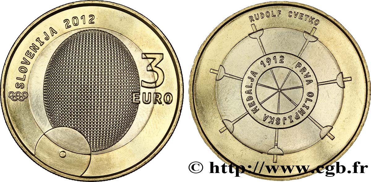 SLOVENIA 3 Euro CENTENAIRE DE LA PREMIÈRE MÉDAILLE OLYMPIQUE 2012 MS