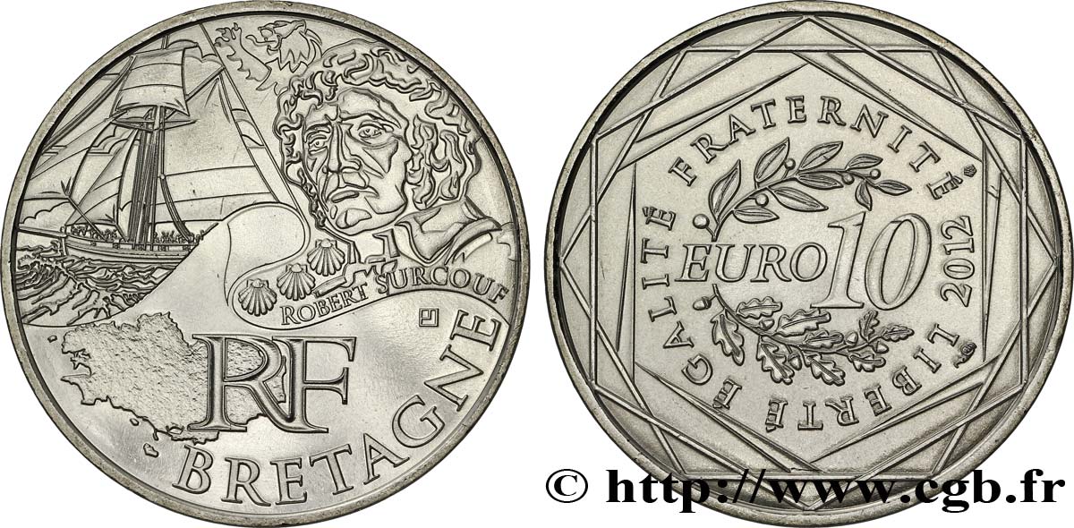 FRANCE 10 Euro des RÉGIONS - BRETAGNE (Robert Surcouf) 2012 MS63