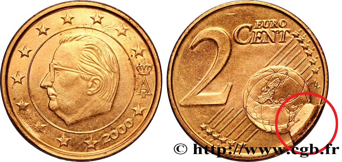 belgium 2 cent albert ii, coin cassé 2000 bruxelles