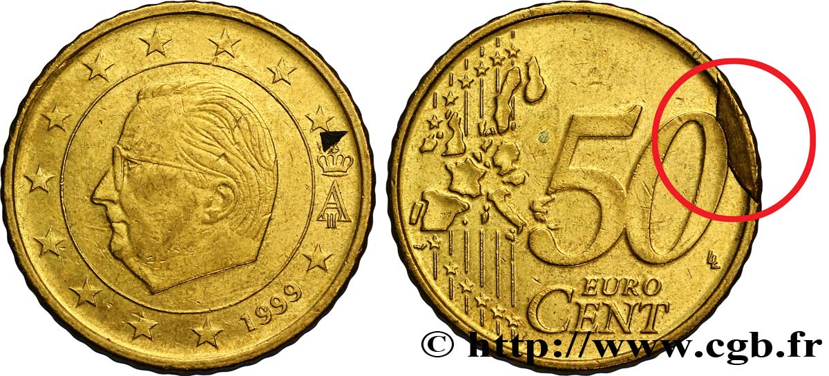 BELGIEN 50 Cent ALBERT II, coin cassé 1999