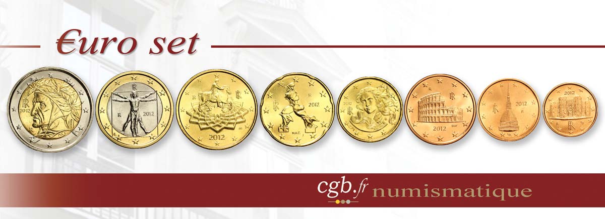 ITALY LOT DE 8 PIÈCES EURO (1 Cent - 2 Euro Dante) 2012 MS63