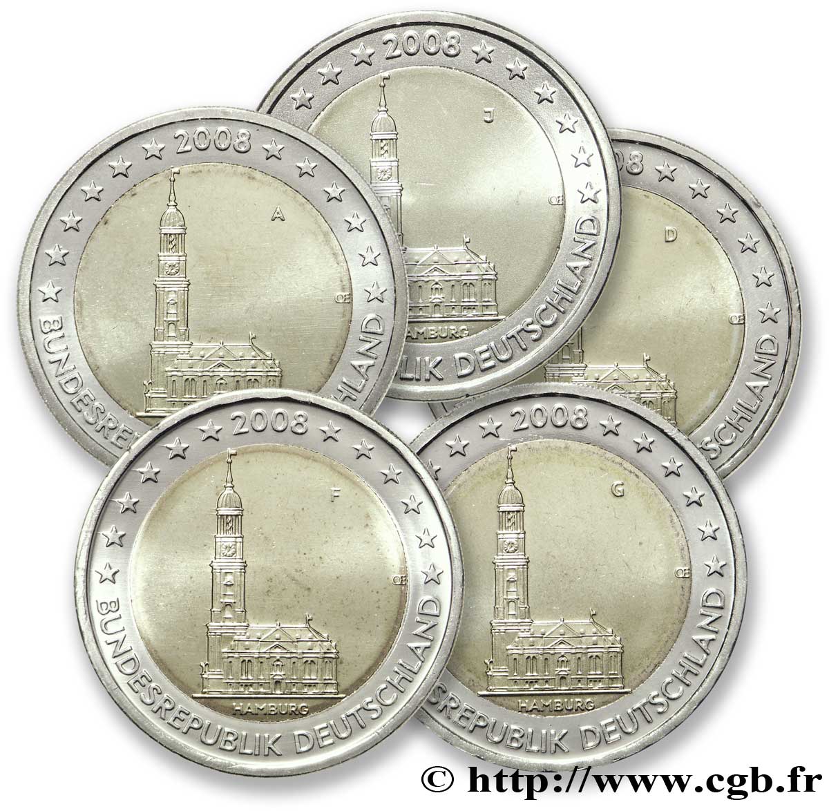 GERMANIA lot les 5 ateliers 2 Euro HAMBOURG - ÉGLISE SAINT-MICHEL 2008 MS63