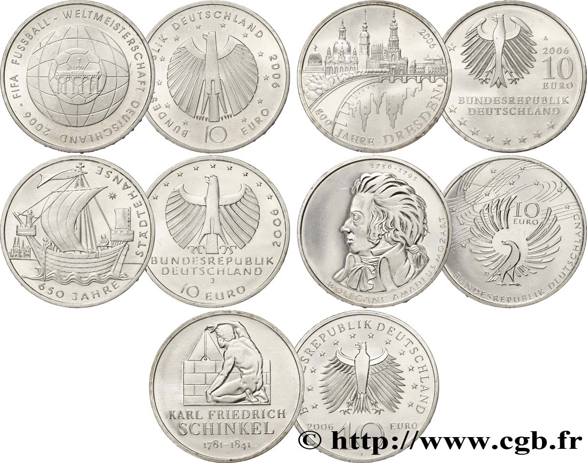 GERMANY Lot 5 pièces de 10 Euro (ateliers A, D, F, J et Coupe du monde de football 2006) 2006 AU58