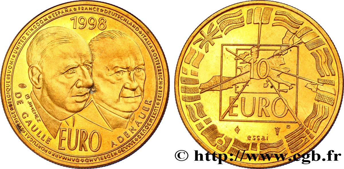 FRANCE “Essai” 10 Euro De Gaulle / Adenauer en bronze florentin 1998 SPL