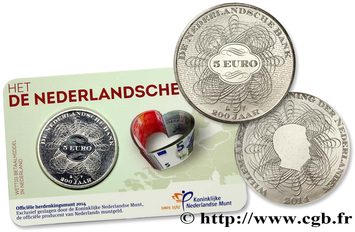 NIEDERLANDE Coin-Card 5 Euro 200 ANS DE LA BANQUE NATIONALE NÉERLANDAISE 2014