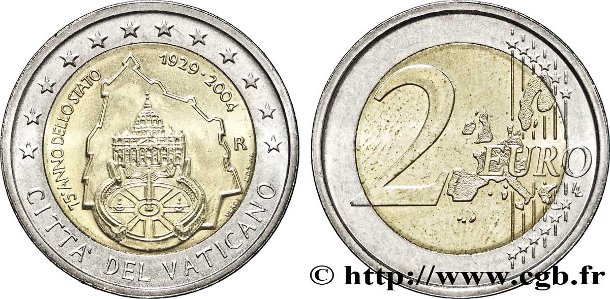 VATICAN 2 Euro 75ème ANNIVERSAIRE DE LA FONDATION DE L’ÉTAT DE LA CITÉ DU VATICAN 2004 MS