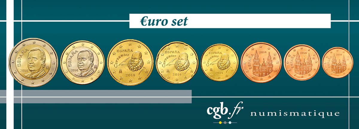 SPAIN LOT DE 8 PIÈCES EURO (1 Cent - 2 Euro Juan-Carlos I) 2014 MS63