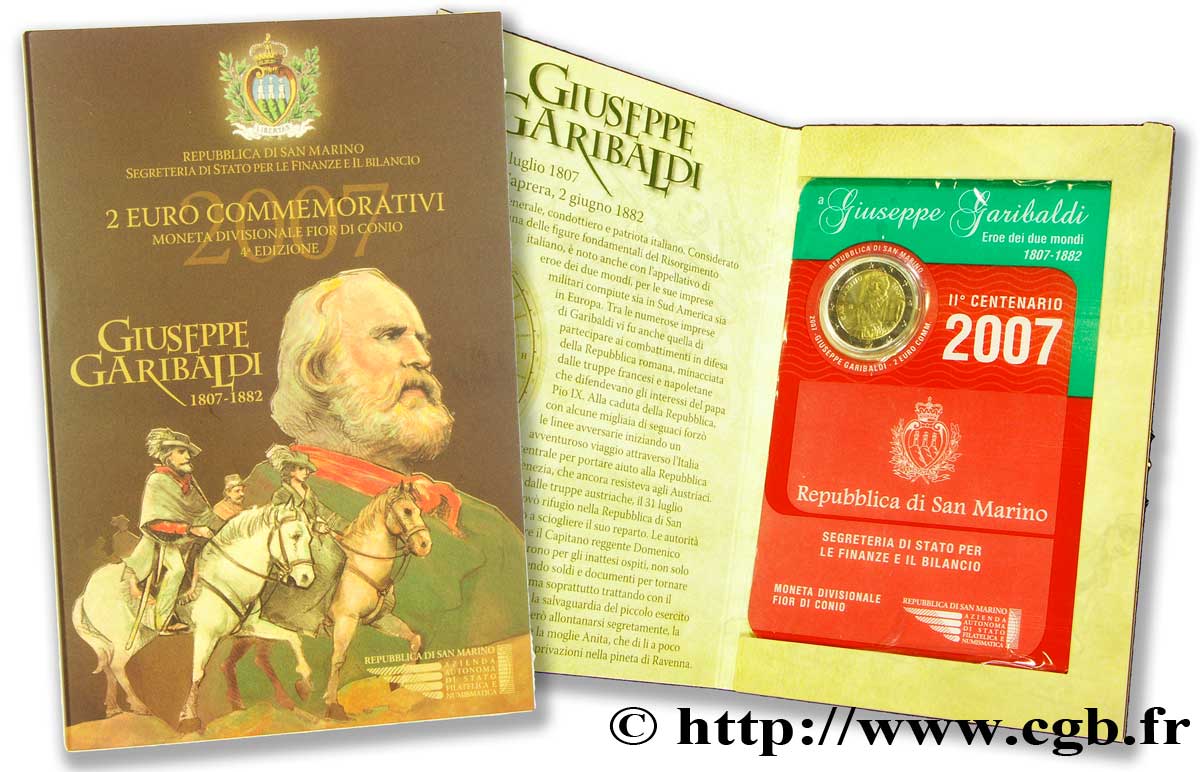 SAN MARINO 2 Euro 200ème ANNIVERSAIRE DE LA NAISSANCE DE GIUSEPPE GARIBALDI 2007 BU