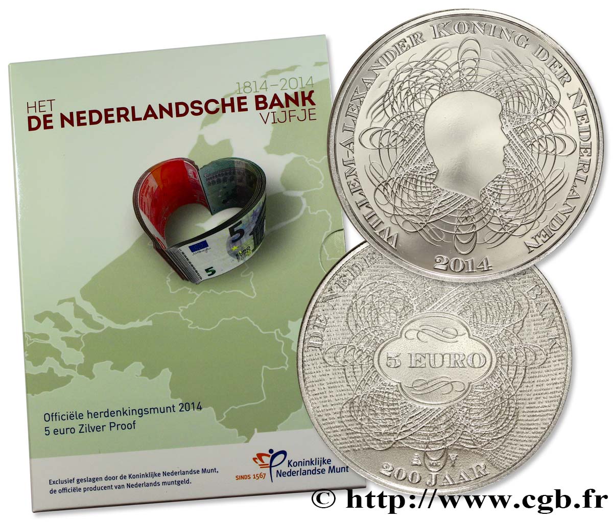 PAESI BASSI Belle Épreuve 5 Euro 200 ANS DE LA BANQUE NATIONALE NÉERLANDAISE 2014 BE