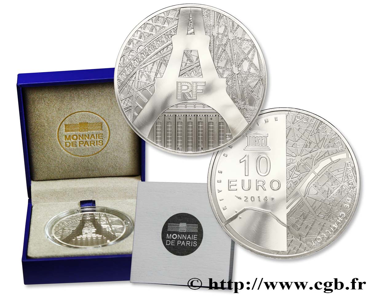 FRANCIA Belle Épreuve 10 Euro UNESCO - RIVES DE SEINE (Tour Eiffel et Palais de Chaillot) 2014 BE