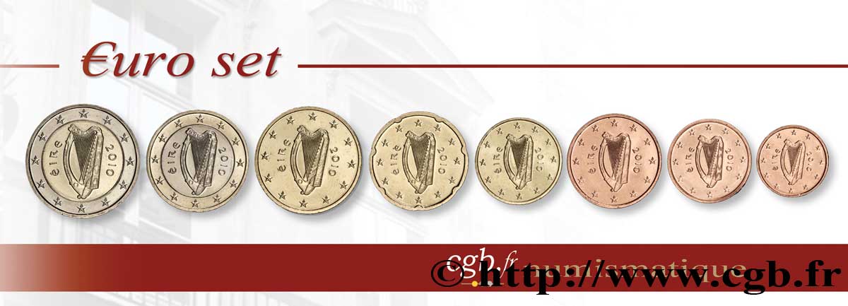 IRELAND REPUBLIC LOT DE 8 PIÈCES EURO (1 Cent - 2 Euro Harpe) 2010 MS63