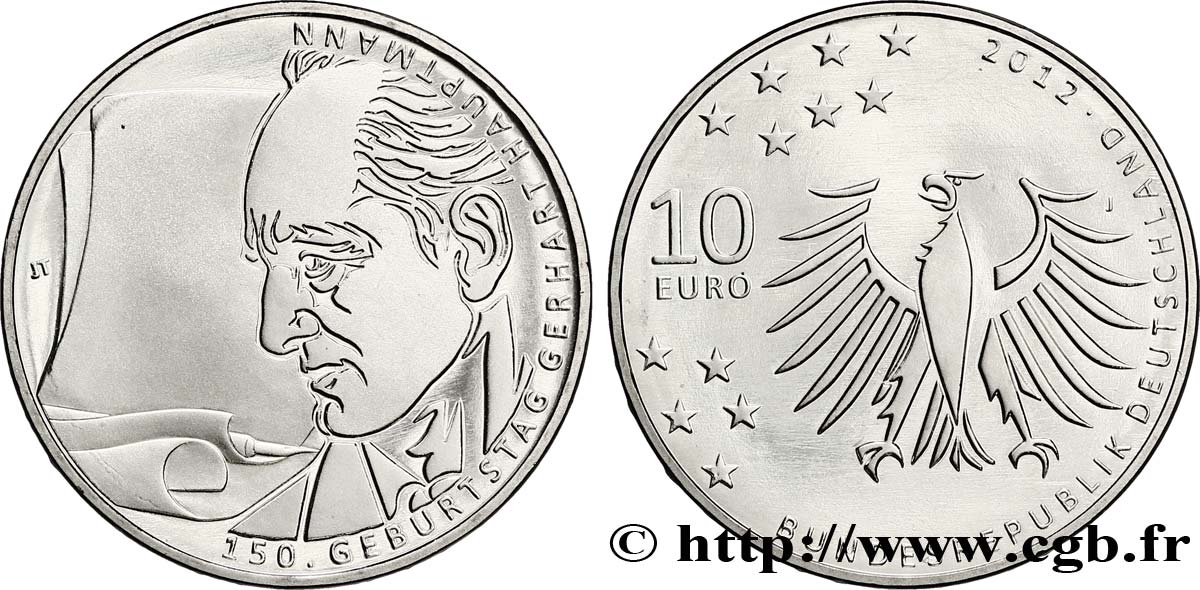 GERMANY 10 Euro CENTENAIRE DE LA NAISSANCE DE GERHART HAUPTMANN 2012 MS64