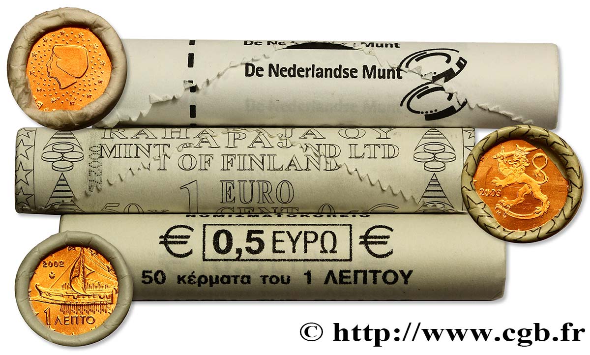 EUROPEAN CENTRAL BANK Lot 3 rouleaux de 1 cent Finlande, Grèce et Pays-Bas n.d MS