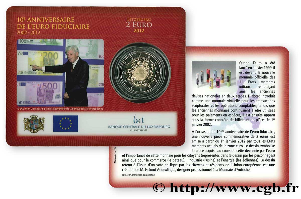 LUXEMBURGO Coin-Card 2 Euro 10 ANS DES PIÈCES ET BILLETS EN EUROS 2012 BU