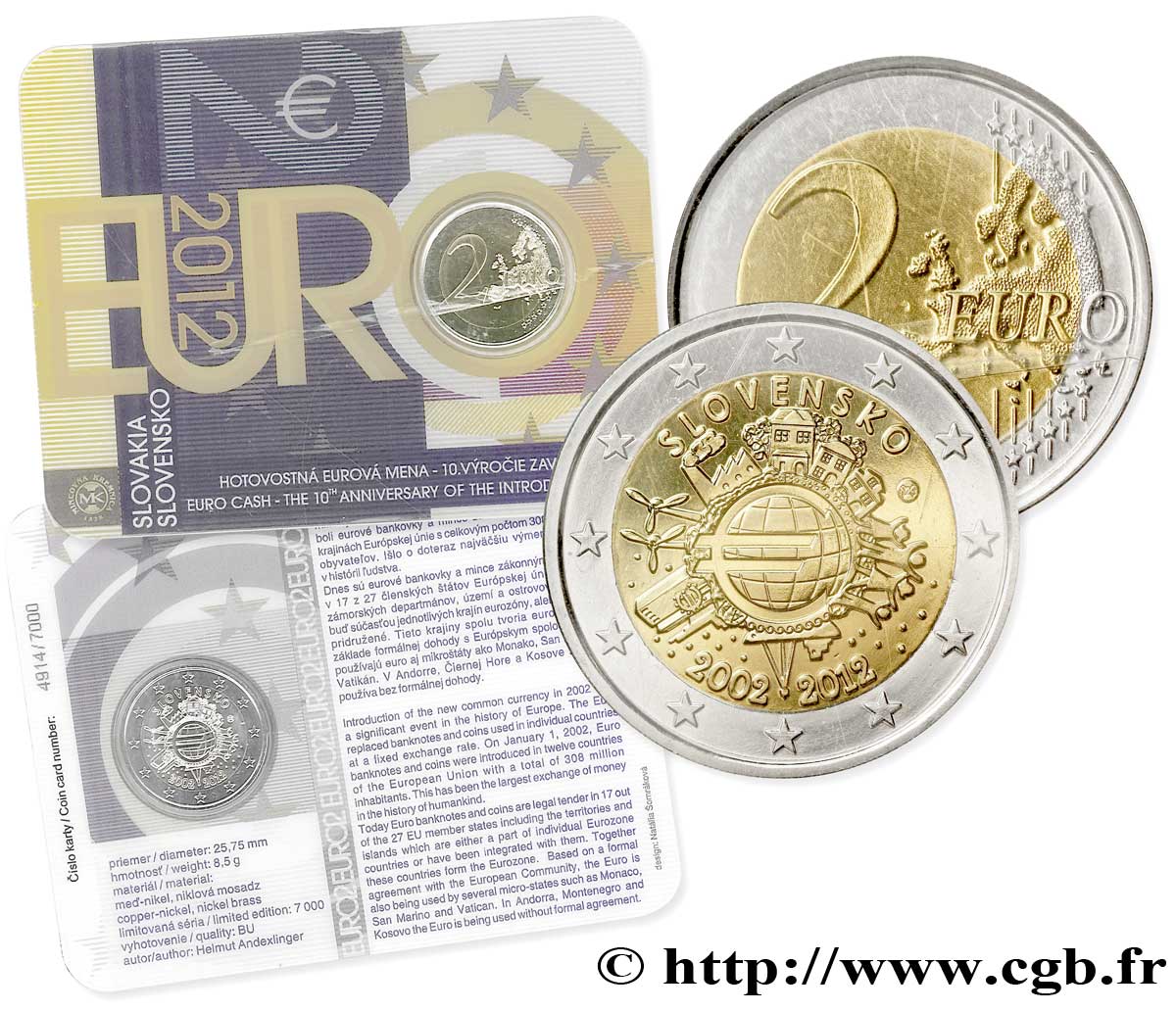 SLOVAKIA Coin-Card 2 Euro 10 ANS DES PIÈCES ET BILLETS EN EUROS 2012 Brilliant Uncirculated