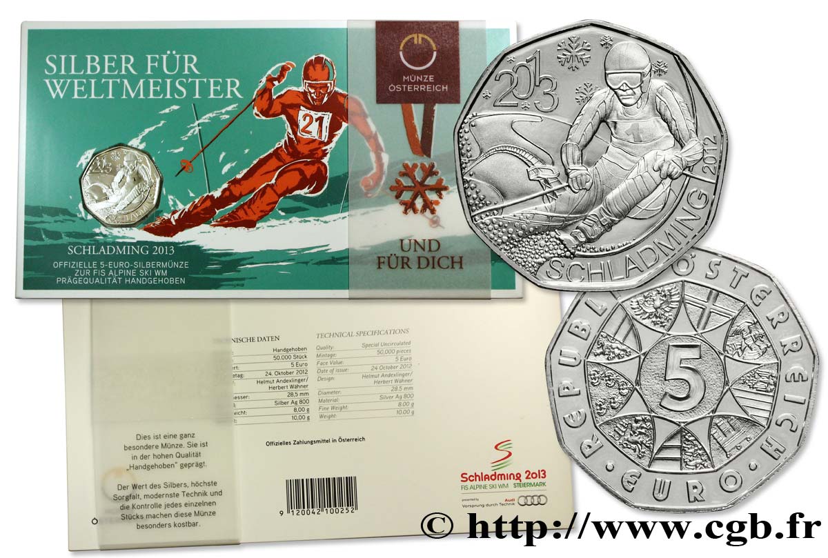 AUSTRIA Blister 5 Euro SCHLADMING 2013 (Championnat du monde de ski) 2013 BU
