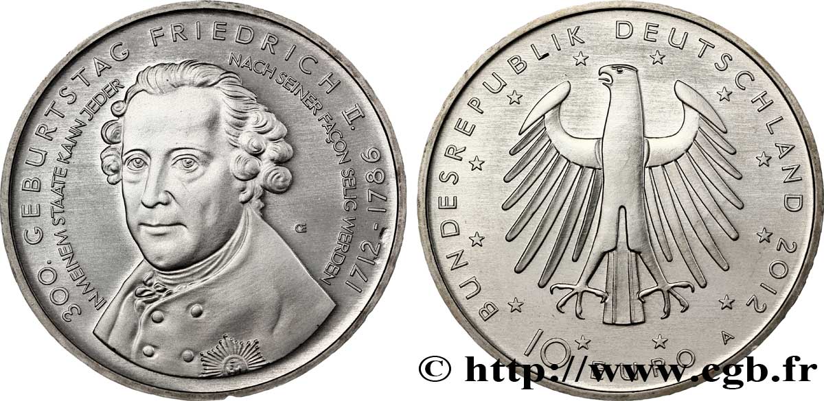 GERMANY 10 Euro 300ème ANNIVERSAIRE DE FRÉDÉRIC II 2012 MS64