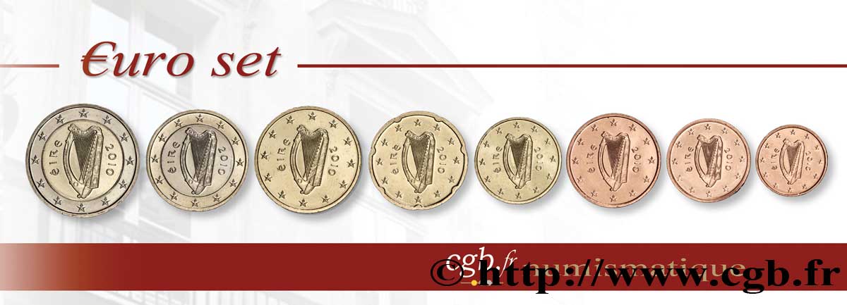 IRELAND REPUBLIC LOT DE 8 PIÈCES EURO (1 Cent - 2 Euro Harpe) 2010 MS63
