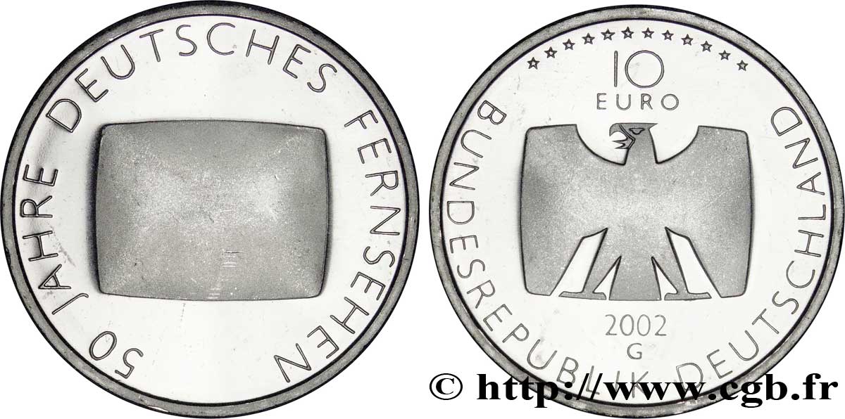 GERMANIA 10 Euro 50 ANS DE TÉLÉVISION ALLEMANDE 2002 MS63
