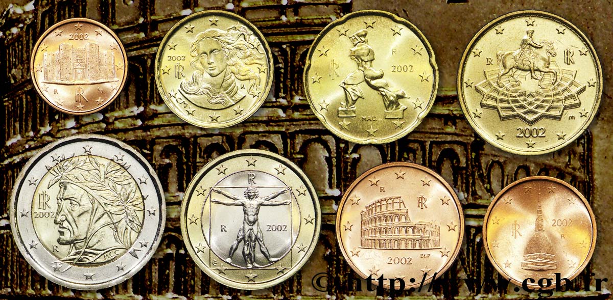 ITALIA LOT DE 8 PIÈCES EURO (1 Cent - 2 Euro Dante) 2002 SC