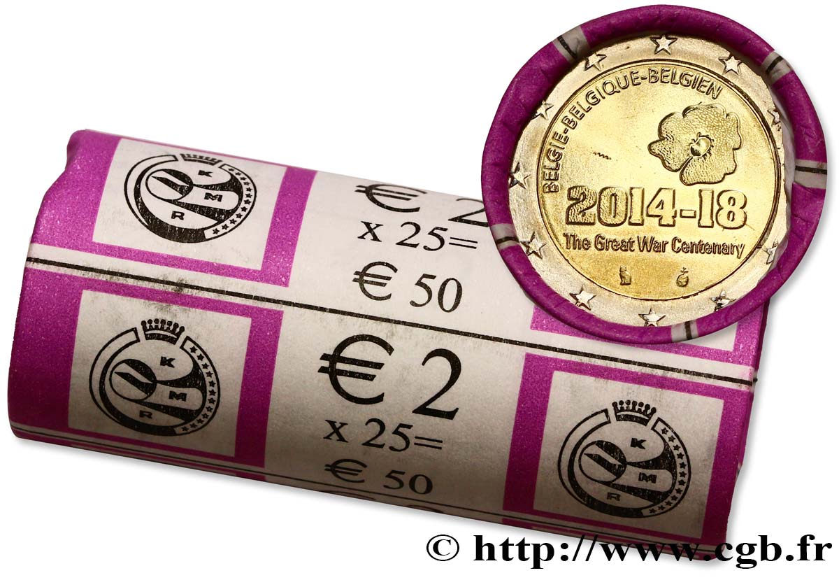 BELGIUM Rouleau 25 x 2 Euro 100 ANS DE LA PREMIÈRE GUERRE MONDIALE 2014 MS63