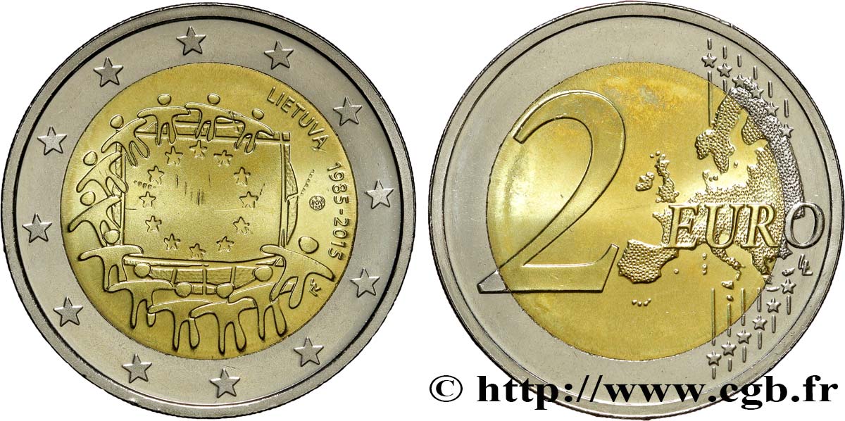 LITUANIA 2 Euro 30e ANNIVERSAIRE DU DRAPEAU EUROPÉEN 2015 MS