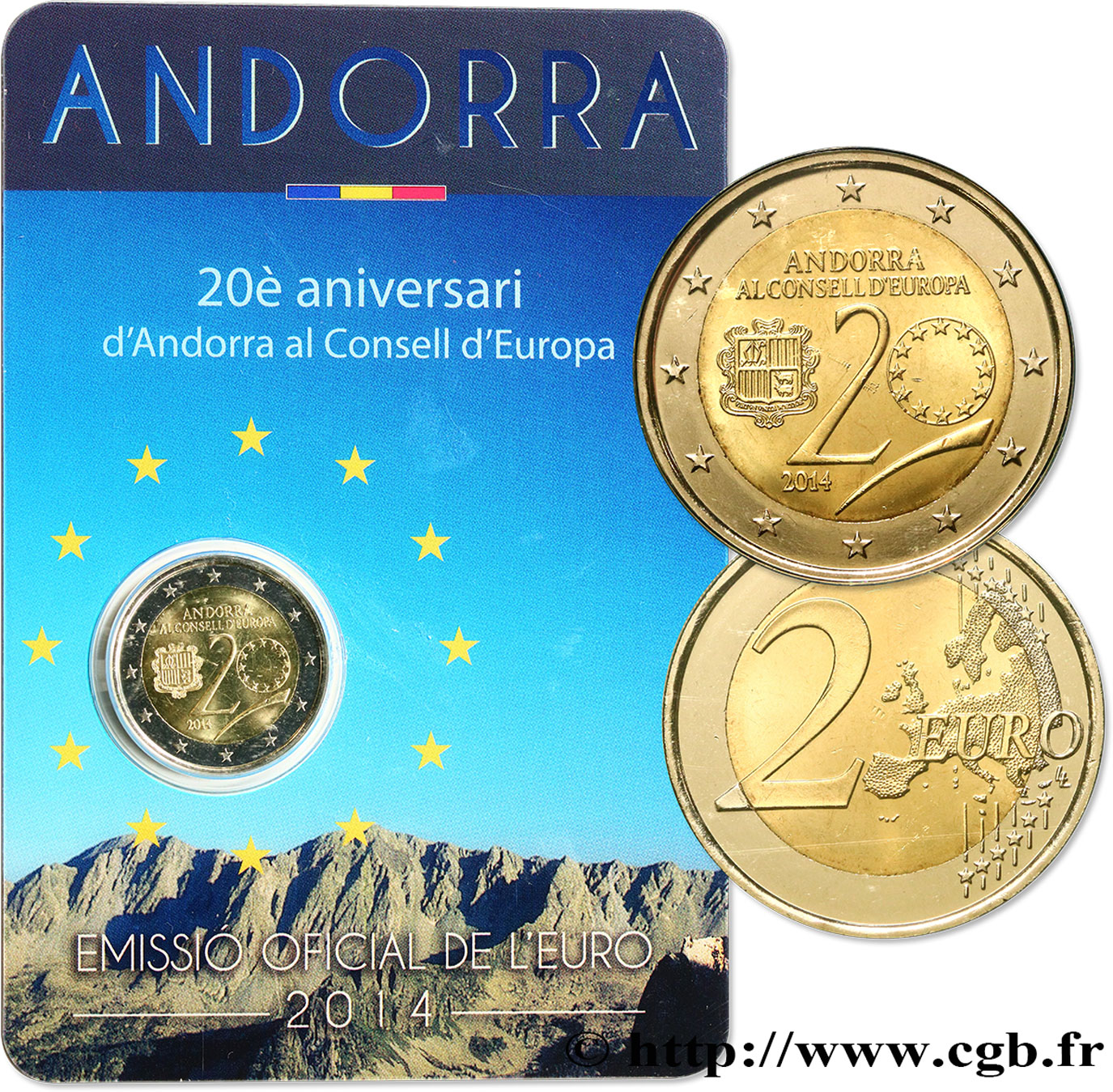 ANDORRA Coin-card 2 Euro 20e ANNIVERSAIRE DE L ENTREE D’ANDORRE AU CONSEIL DE L EUROPE  2014 BU