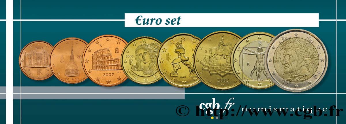 ITALY LOT DE 8 PIÈCES EURO (1 Cent - 2 Euro Dante) n.d. MS
