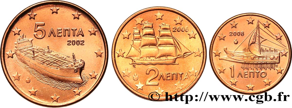 GRIECHENLAND LOT 1 Cent, 2 Cent, 5 Cent TRIRÈME, CORVETTE, PÉTROLIER n.d