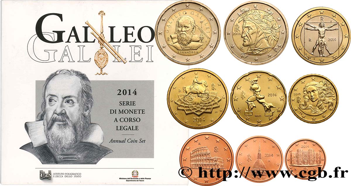 ITALY SÉRIE Euro BRILLANT UNIVERSEL (9 pièces) - GALILÉE 2014 Brilliant Uncirculated