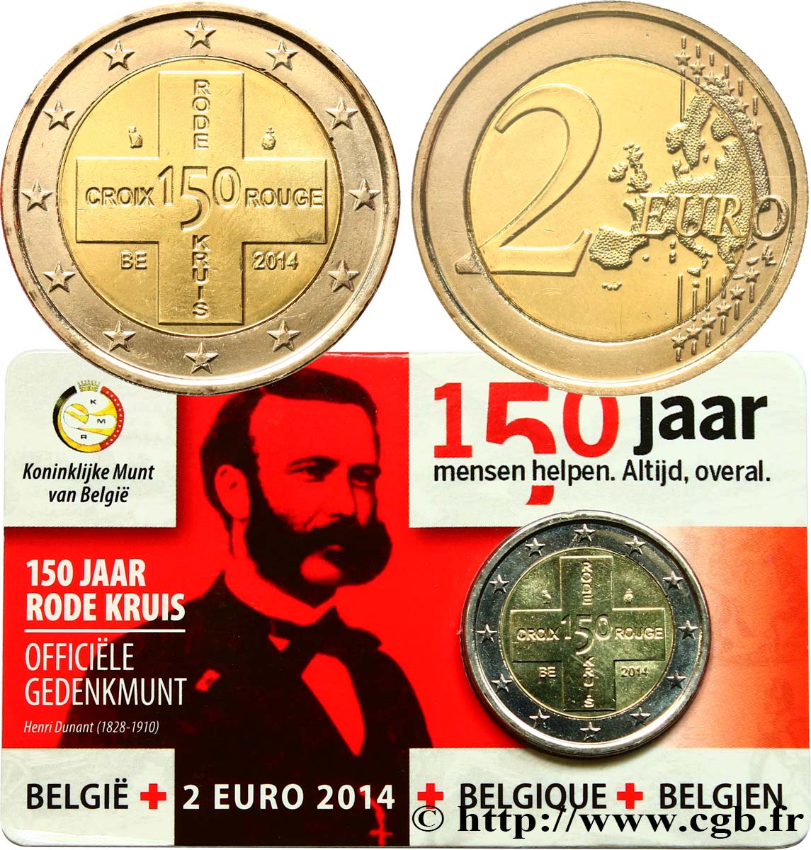 BELGIO Coin-card 2 Euro 150e ANNIVERSAIRE DE LA CROIX-ROUGE 2014 FDC