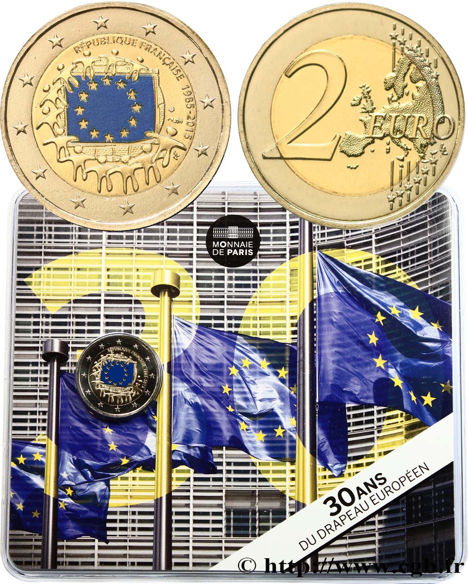 FRANCE Coin-Card 2 Euro 30e ANNIVERSAIRE DU DRAPEAU EUROPÉEN 2015 Brilliant Uncirculated