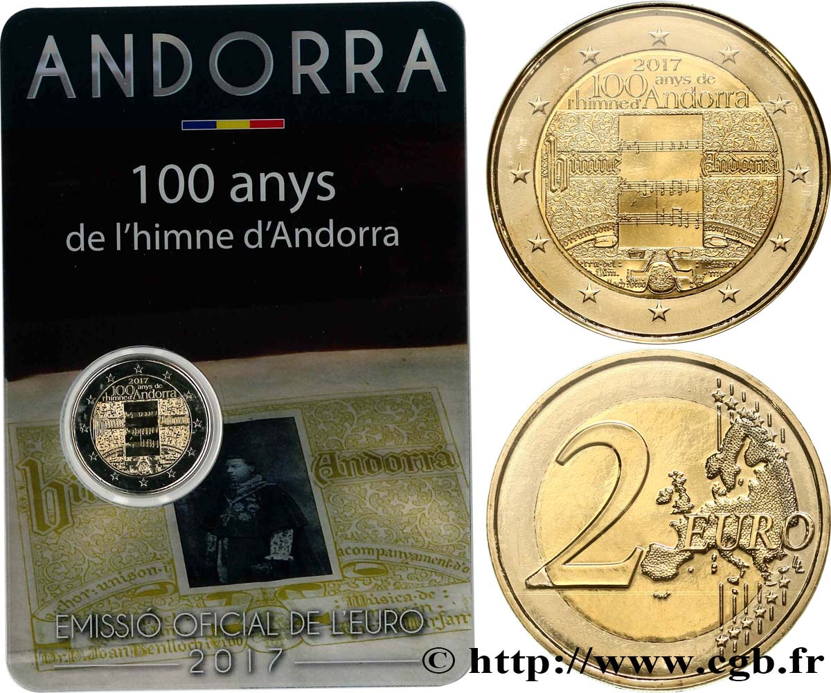 ANDORRA (PRINCIPALITY) Coin-card 2 Euro 100 ANS DE L’HYMNE D’ANDORRE 2017 Brilliant Uncirculated