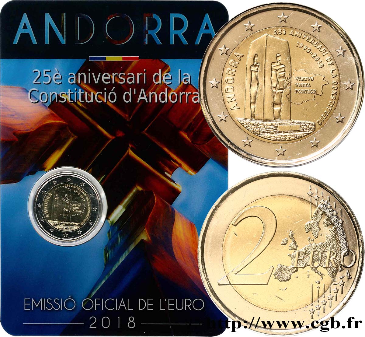 ANDORRA Coin-card 2 Euro 25 ANS DE LA CONSTITUTION D’ANDORRE 2018 BU
