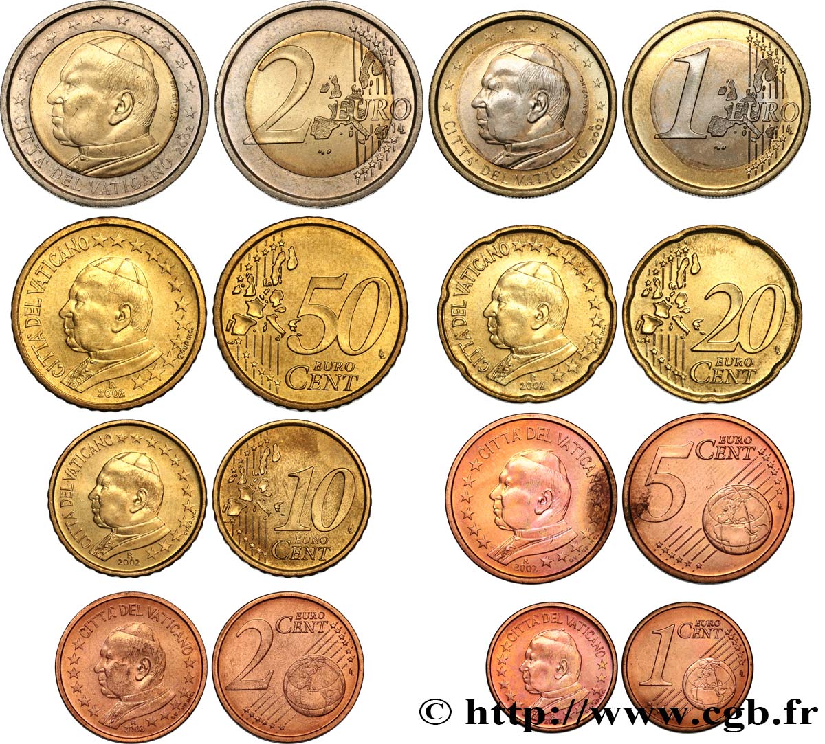 VATICAN LOT DE 8 PIÈCES EURO (1 Cent - 2 Euro Jean-Paul II) 2002 MS