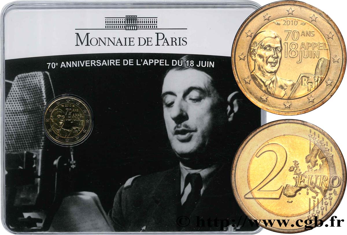 FRANCE Coin-Card 2 Euro 70e ANNIVERSAIRE DE L’APPEL DU 18 JUIN 1940 2010 Brilliant Uncirculated