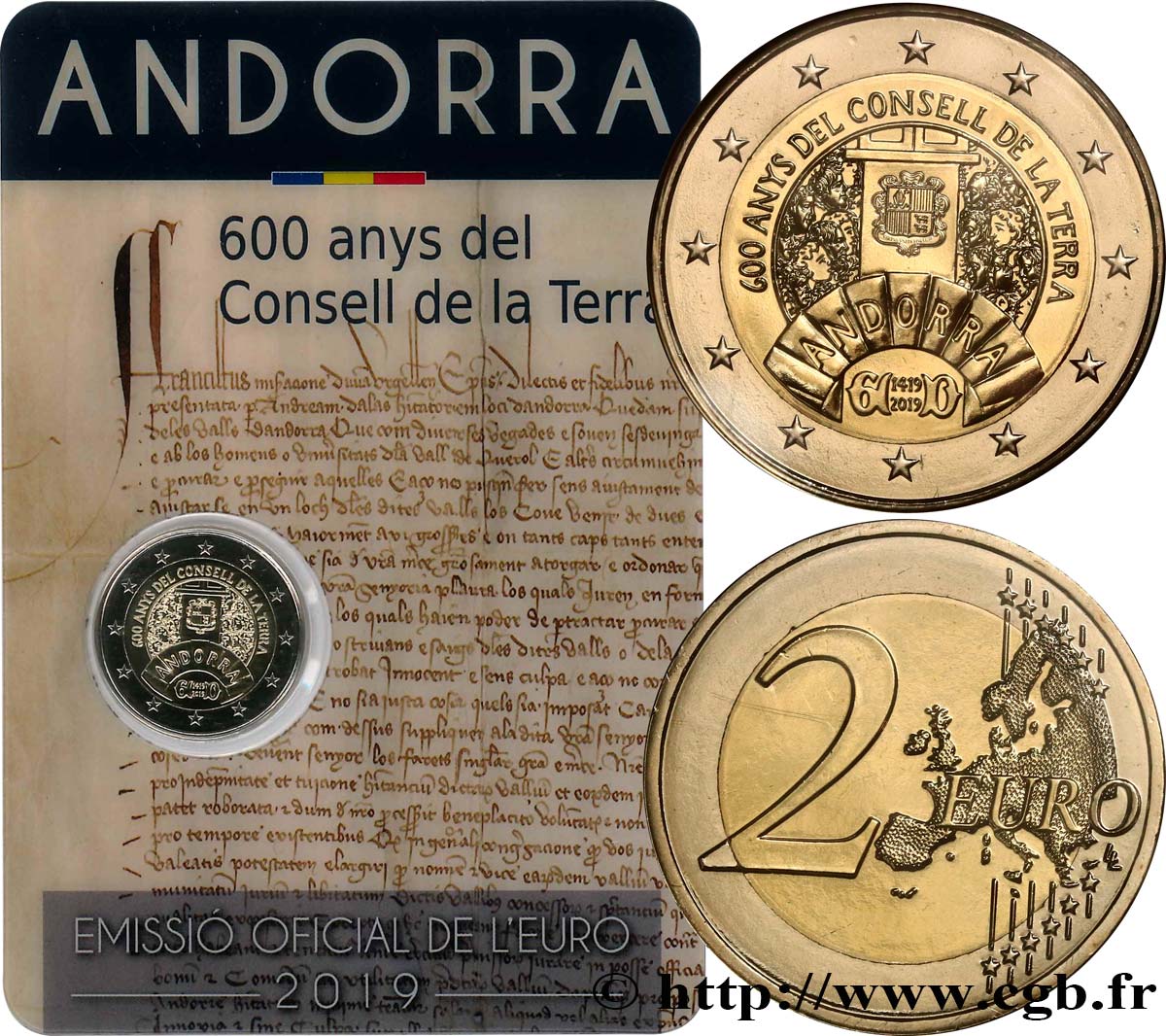 ANDORRA (PRINCIPALITY) Coin-card 2 Euro 600 ANS DU CONSEIL DE LA TERRE 2019 Brilliant Uncirculated