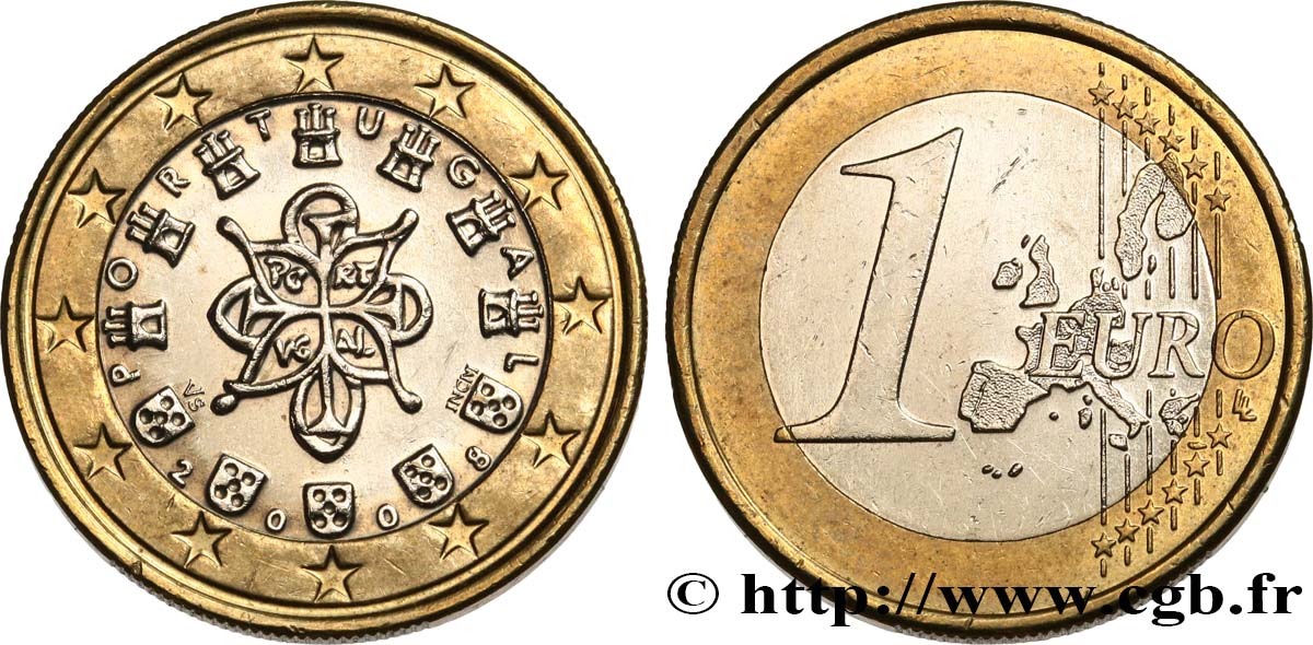 PORTUGAL 1 Euro SCEAU ENTRELACÉ (1144), 1ère carte 2008 AU