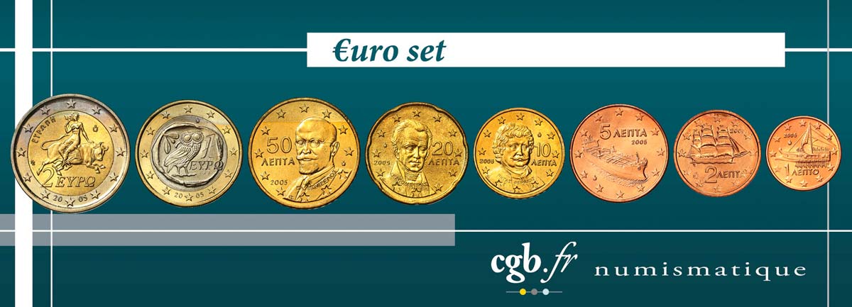 GREECE LOT DE 8 PIÈCES EURO (1 Cent - 2 Euro Europe) 2005 MS