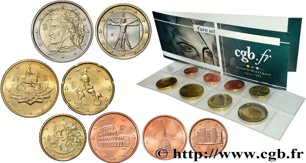 ITALY LOT DE 8 PIÈCES EURO (1 Cent - 2 Euro Dante) 2002 MS