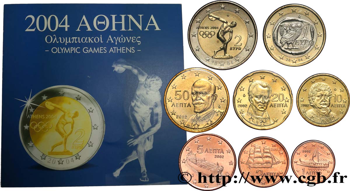 GRECIA LOT DE 8 PIÈCES EURO (1 Cent - 2 Euro JEUX OLYMPIQUES) 2002/2004 n.d. SC